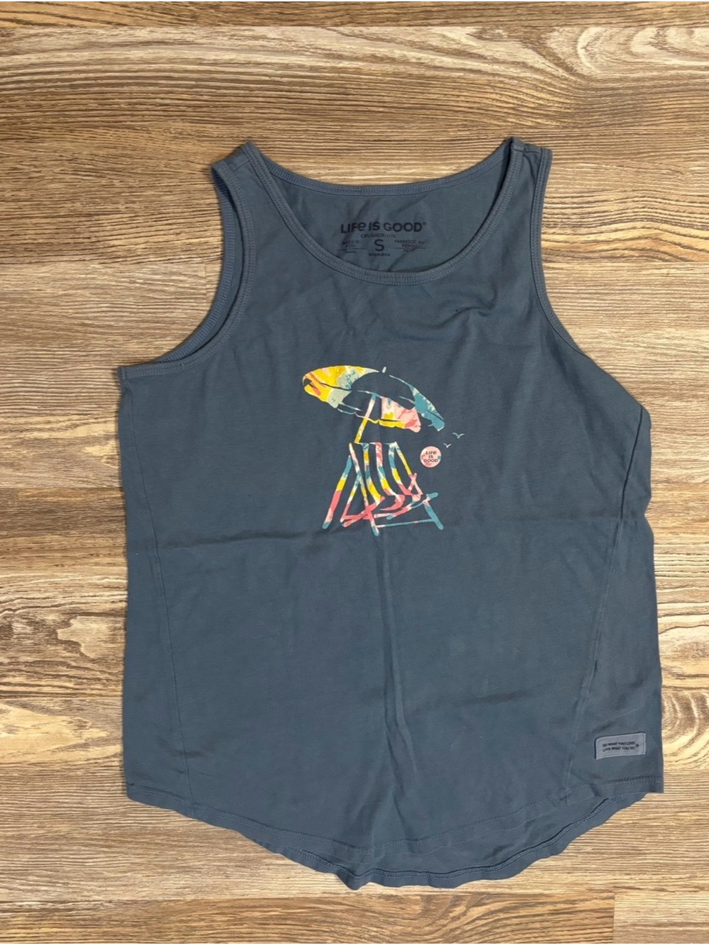 Life Is Good Dark Slate Tank with Colorful Beach Umbrella Graphic